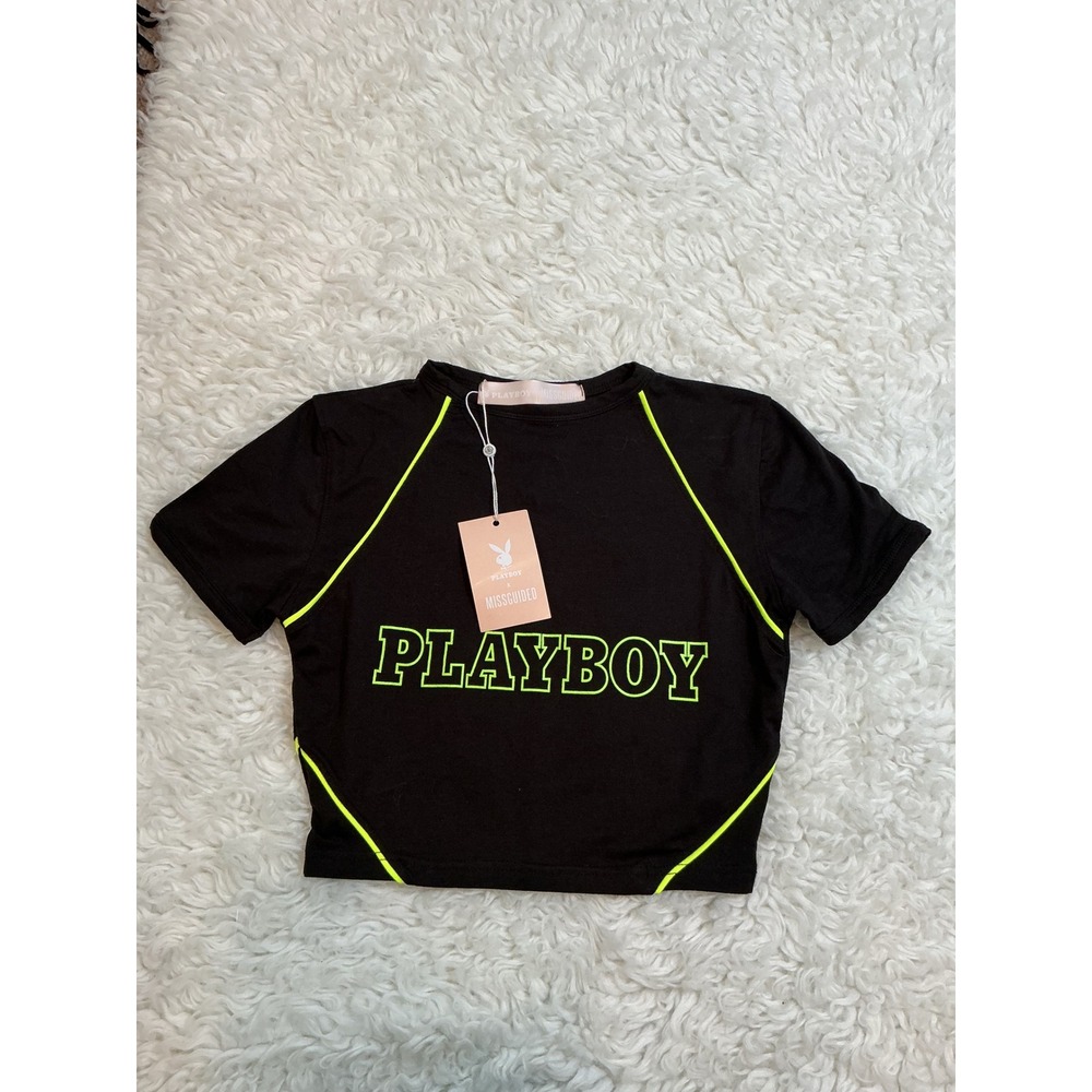 Playboy x Missguided Black Neon‎ Ringer Cropped T Shirt Top Size 06